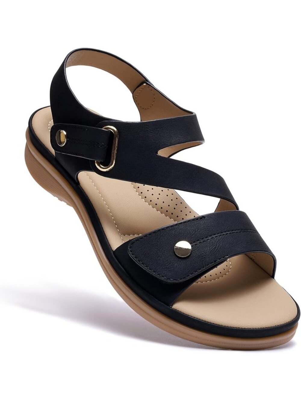 Women's Stylish Black Arch Support Comfortable Flats Adjustable Slip On Sandals